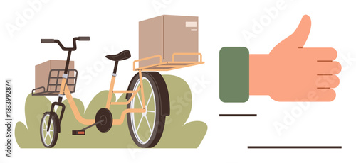 Bicycle with loaded packages, surrounded by grass, accompanied by thumbs-up sign. Ideal for delivery service, transportation, sustainability, urban mobility, business, eco-friendly solutions simple