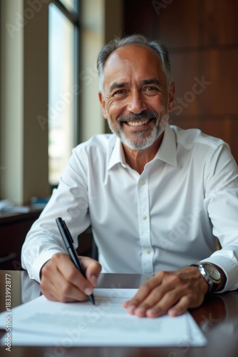 Hombre maduro escribiendo su firma en un documento de acuerdo legal