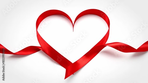 Red Ribbon Heart Shape on White Background for Valentines Day.