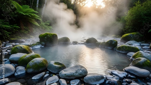 Natural Hot Spring with Steam in Lush Forest