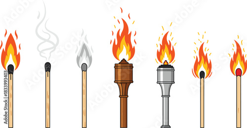 Burning matchsticks and torches vector illustration set showing different fire flame stages and lighting tools