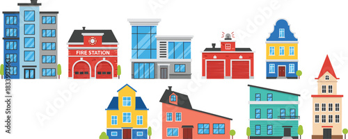 Cartoon City Buildings Collection with Residential Houses Fire Station and Commercial Architecture Flat Vector Illustration Set