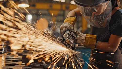 Worker Grinding Metal in Manufacturing Workshop - A worker in protective gear operates a grinding tool, sending bright sparks flying in a manufacturing workshop.