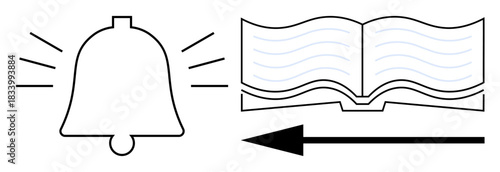 Notification concept. A bell s alerts, an open book information, and an arrow indicates direction. Notification icons for education, guidance, learning apps, and design