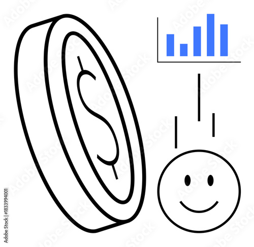 Financial growth concept. Coin and cheerful face highlight success and profit from growth. Financial growth through graph, emphasizing business and investment potential. For finance, investment
