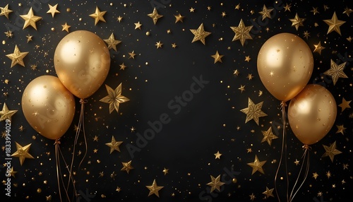 Luxurious Black and Gold Celebration Background with Shimmering Stars, Floating Balloons, and Intricate Decorative Details