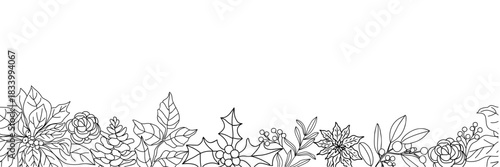 Elegant continuous line floral border with roses, holly, pinecones and berries in black and white along bottom edge.