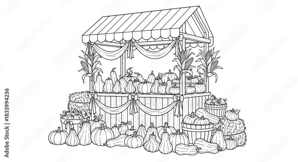 Fototapeta premium Abundant Fall Harvest Market Stand with Assorted Pumpkins and Decorative Gourds