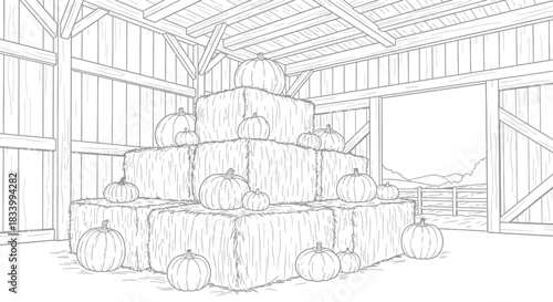 Scenic Fall Barn Interior with Hay Bales and Pumpkins Near a Brightly Lit Open Door