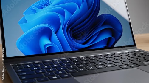 Sleek Laptop on Wooden Desk with Windows 11 Display and Mouse.