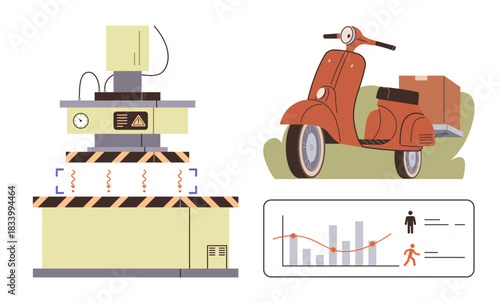 Factory machine processing, vintage delivery scooter transporting package, graphical data tracking progress. Ideal for technology, logistics, analysis, industry, delivery, efficiency transportation