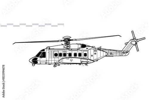 Sikorsky S-92A. Vector drawing of search and rescue helicopter. Side view. Image for illustration and infographics.
