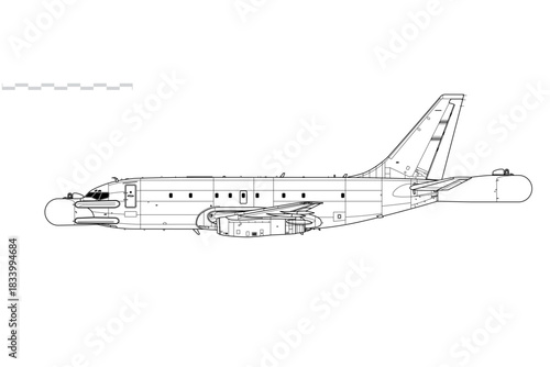 Boeing NT-43A. Vector drawing of electronic equipment test aircraft. Side view. Image for illustration and infographics.
