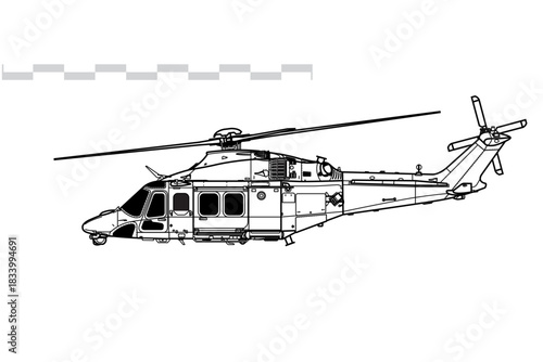 Boeing MH-139 Grey Wolf. Vector drawing of military transport helicopter. Side view. Image for illustration and infographics.