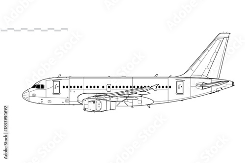 Airbus A318 CFM56. Vector drawing of short range airliner. Side view. Image for illustration and infographics.