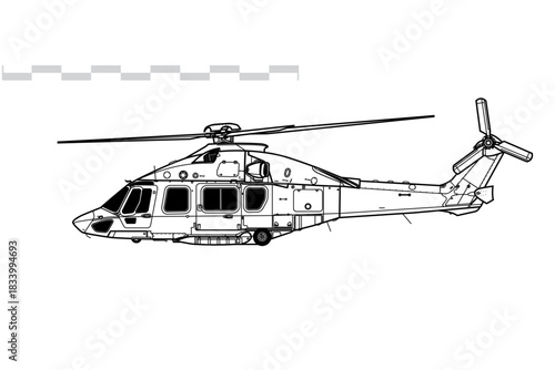 Airbus Helicopters H175, Eurocopter EC175. Vector drawing of medium lift utility helicopter. Side view. Image for illustration and infographics.