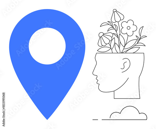 Blue map pin and human profile with blooming flowers represent growth, mindfulness, and exploration. Ideal for mindfulness, self-improvement, creativity, balance, location, navigation positivity