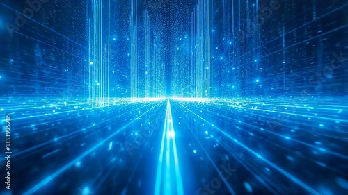 Bright blue digital light beams stretching into the distance with glowing particles and radiant depth, creating a dynamic abstract scene filled with energy