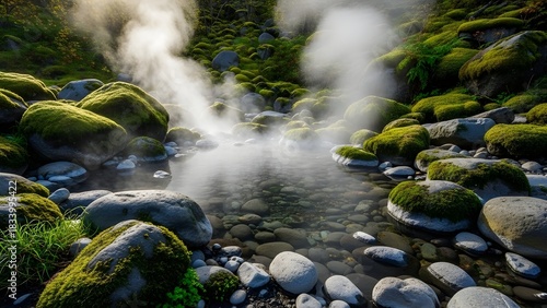 Steamy Hot Spring Pool Surrounded by Mossy Rocks