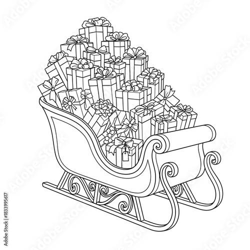 Traditional Christmas Sleigh Overloaded with Wrapped Holiday Gifts and Presents