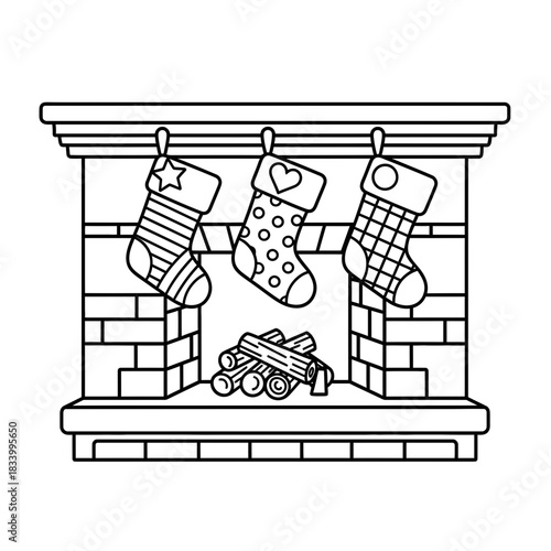Christmas Stockings Hanging on a Brick Fireplace Mantel with Firewood Line Art