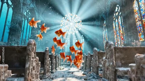 Underwater cathedral with light rays piercing through stained glass windows, fish swimming through pews.