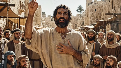 Apostle Preaching in Jerusalem - A man in simple clothing stands amongst a crowd in Jerusalem, raising his hand as if preaching or speaking. He appears to be addressing the crowd with conviction.