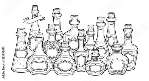 Collection of Empty Glass Bottles with Labels and Cork Stoppers Ready for Coloring