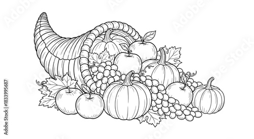 Abundant Cornucopia Basket Filled with Fruits and Vegetables Harvest Illustration