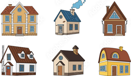 Cartoon Residential House Collection with Different Home Styles Roofs and Facades Colorful Flat Vector Illustration Set