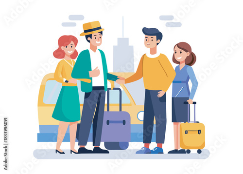 Cartoon taxi driver greeting female passengers. Women with luggage getting into cab flat vector illustration. Taxi service, traveling, transportation concept for banner