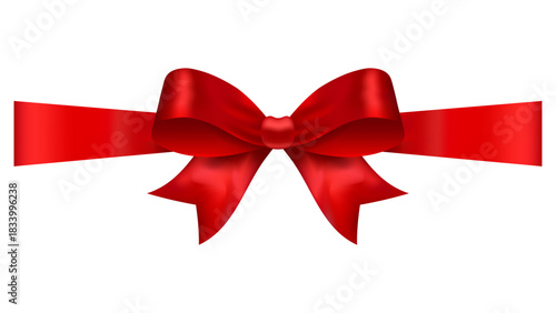Red glossy ribbon bow with long tails, decorative vector gift wrap element for packaging, cards, holidays, Christmas, birthday, celebration and marketing design