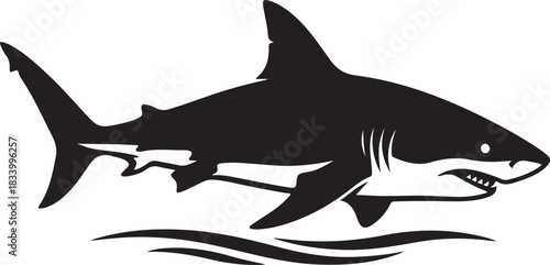 black silhouette of shark swimming on white background, vector