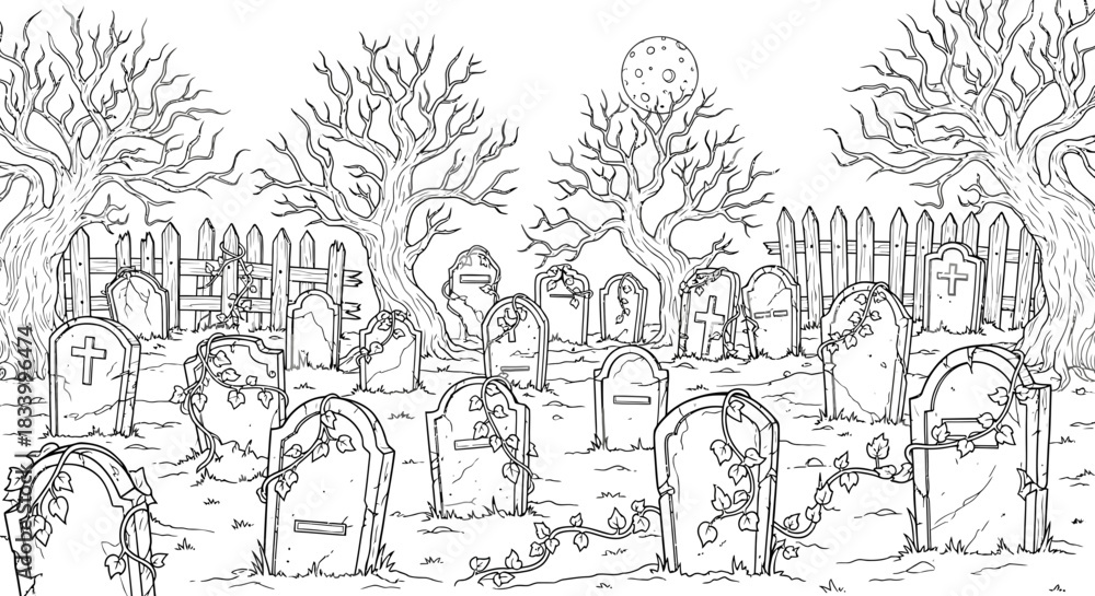 Fototapeta premium Spooky Haunted Cemetery Scene with Headstones and Full Moon Under Bare Trees