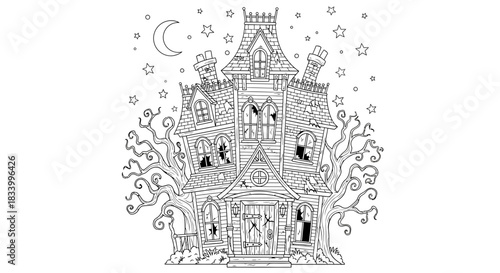 Eerie Haunted Mansion Sketch with Creepy Bare Trees and Night Sky Halloween Illustration