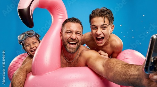 Man and two boys taking selfie with pink flamingo float on blue background