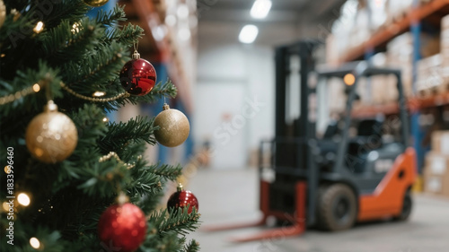 Festive Christmas tree on warehouse with forklift in the bokeh background