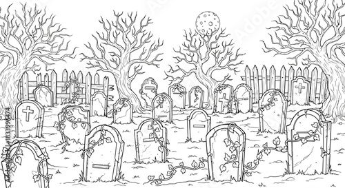 Spooky Haunted Cemetery Scene with Headstones and Full Moon Under Bare Trees