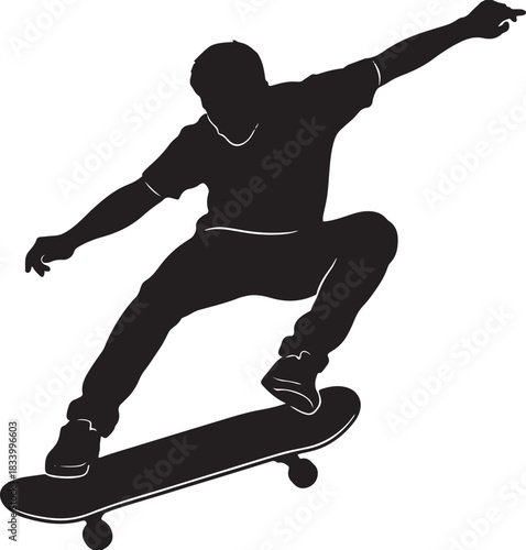 Black silhouette of skateboarder jumping on white background, vector