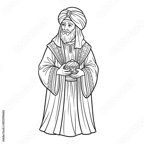 Middle Eastern Man Holding a Globe in Traditional Robes and Turban Illustration