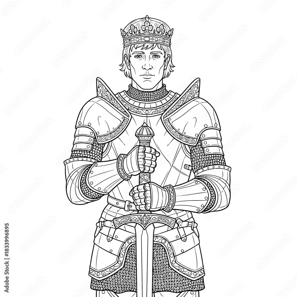 Obraz premium Majestic Medieval Knight Holding Sword and Scepter Wearing Full Armor and Crown