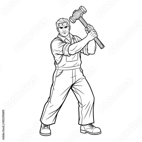 Dynamic Illustration of a Man Swinging a Heavy Sledge Hammer in Work Clothes