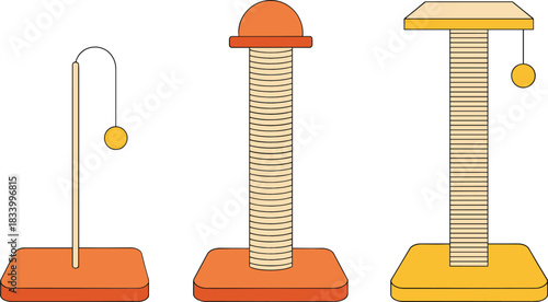 Cat scratching posts vector illustration set with modern pet furniture designs for indoor feline claw care