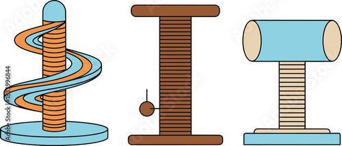 Cat scratching posts vector illustration set featuring modern pet furniture toys and claw care accessories