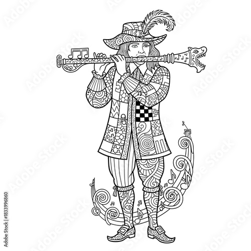 Whimsical Medieval Flutist with Patterned Outfit and Fancy Hat Playing Instrument