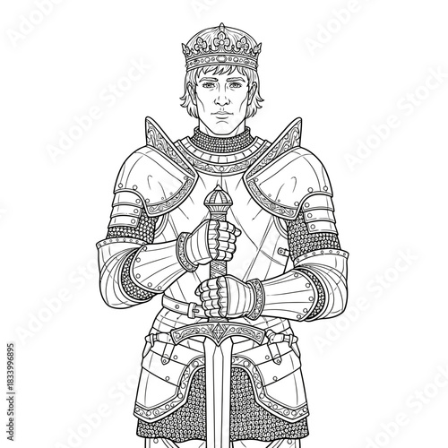 Majestic Medieval Knight Holding Sword and Scepter Wearing Full Armor and Crown