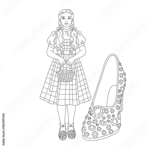 Adorable Scarecrow Character Coloring Page with Ruby Slippers and Basket of Cherries