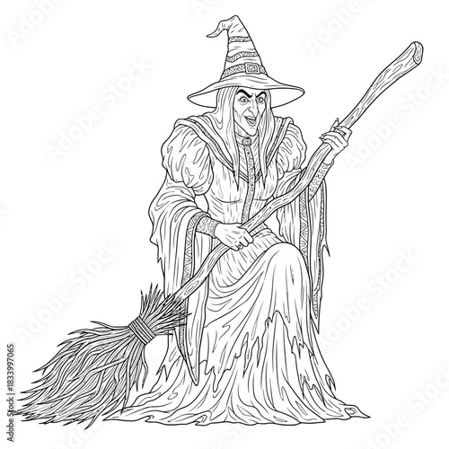 Spooky Old Witch Character Flying Across the Night Sky on a Broomstick Illustration