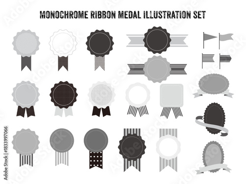 モノクロのメダルリボンのイラストセット