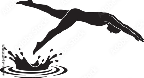 Black silhouette of swimmer diving into water on white background, vector